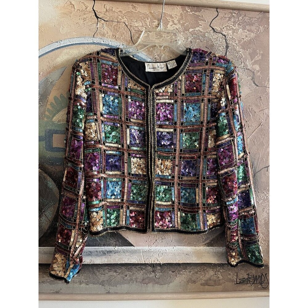 LAWRENCE KAGER SILK Rainbow Sequins 1980s Evening Jacket PL - Picture 3 of 13